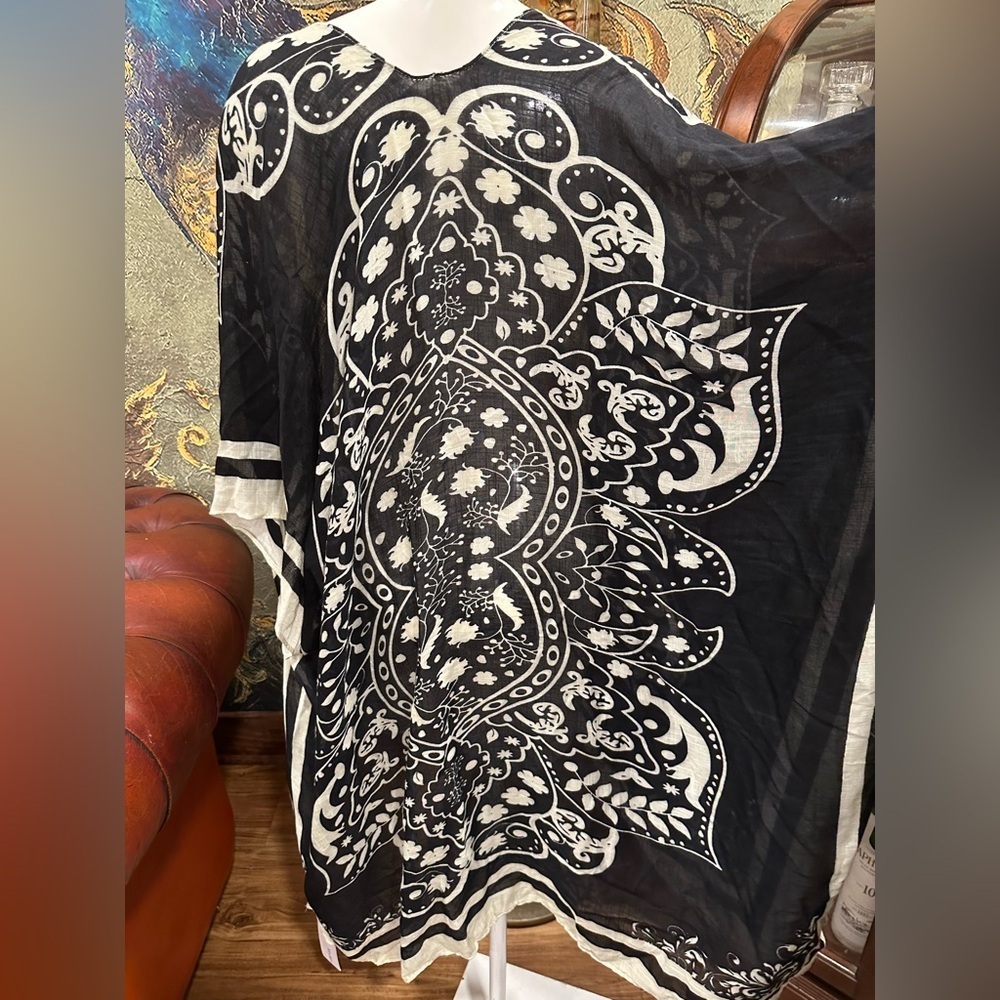 Modena New York Boho Kimono Cardigan | Black & White Floral Lightweight OS NWT - Picture 5 of 13